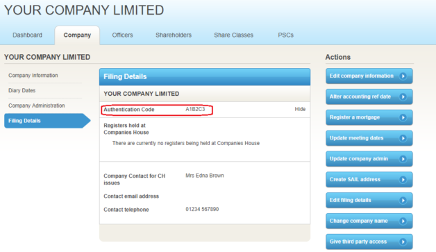 Authentication code recorded on Filing Details screen