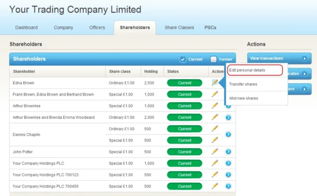 Screenshot of how to edit shareholder details in Inform Direct