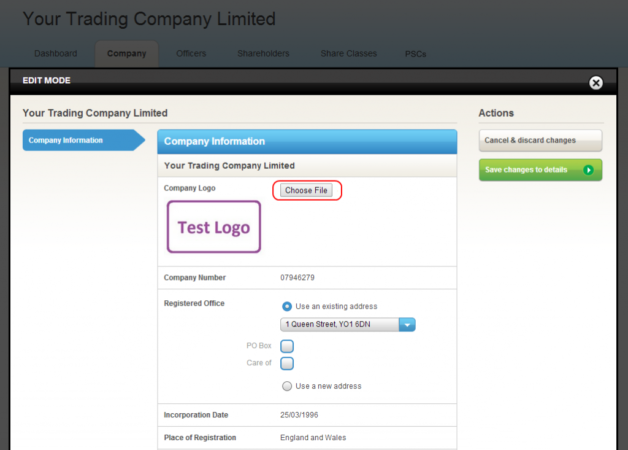 Screenshot of how to add a logo to a company in Inform Direct