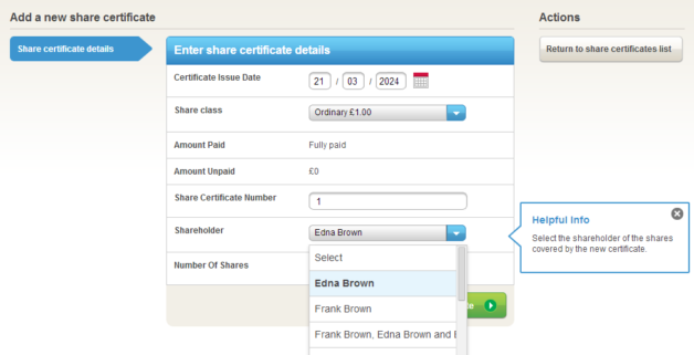 Screenshot of how to create a share certificate in Inform Direct