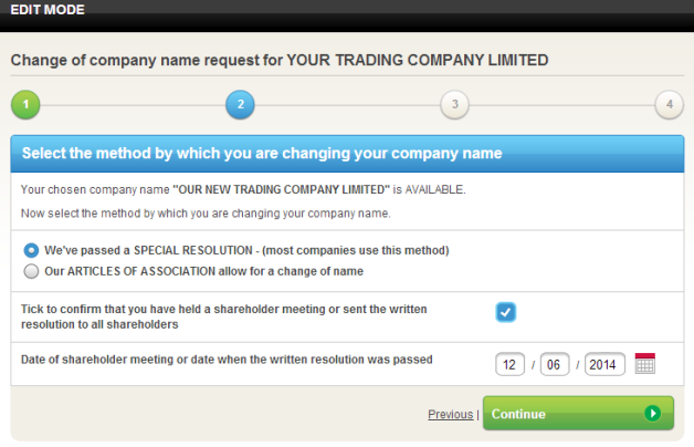 Select method by which you will change company name