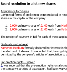 Board resolution to issue shares