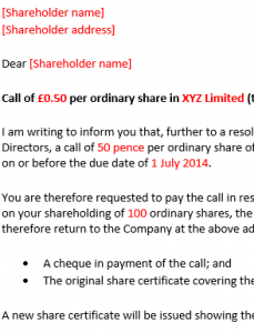 Call notice to shareholder