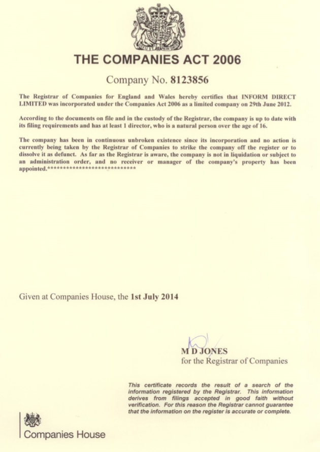 Certificate companies house