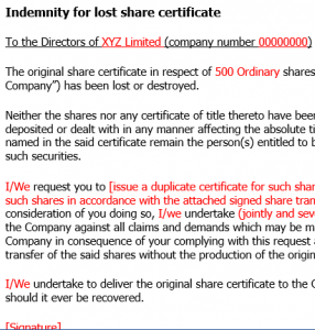 Indemnity for lost share certificate