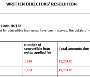 Written directors' resolution to issue convertible loan notes