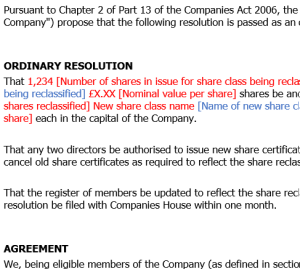 Template written resolution to change name of share class