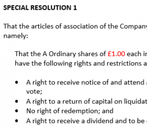 Written special resolution to create new share class and allot shares