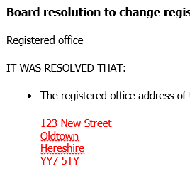 Board resolution to change registered office address