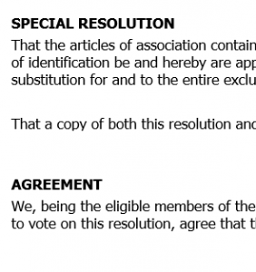Shareholders' written resolution to adopt new articles of association