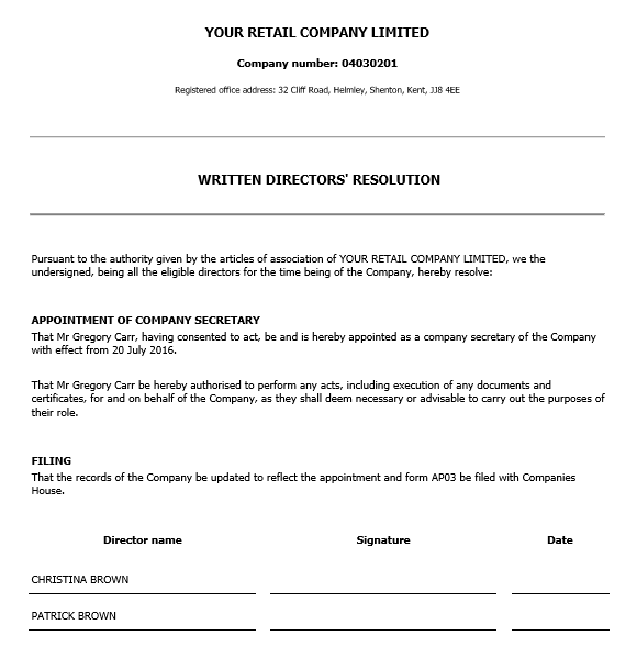Written directors' resolution to appoint a secretary