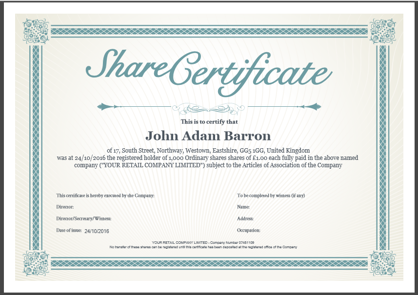 Traditional share certificate template