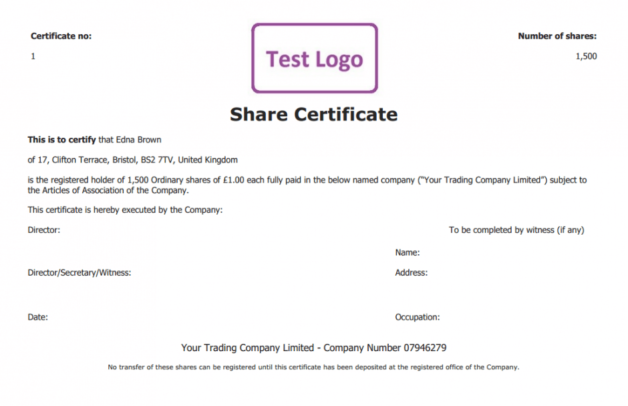 Example of a basic share certificate template