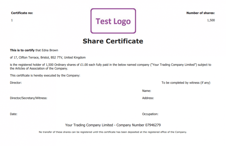 Example of a basic share certificate template