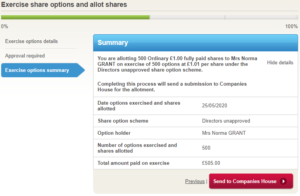 Exercise options summary screen