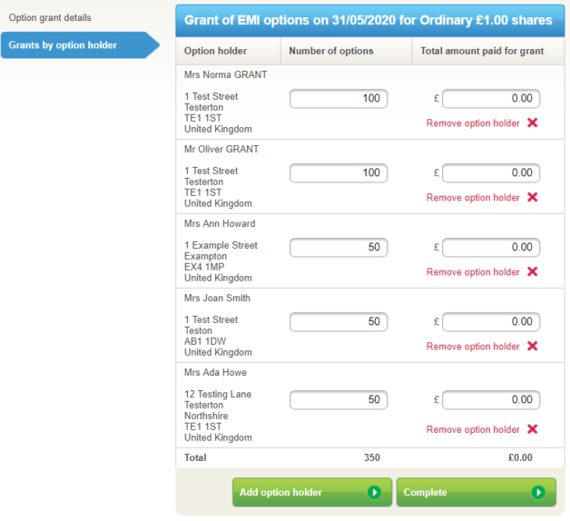 Grant option holders screen