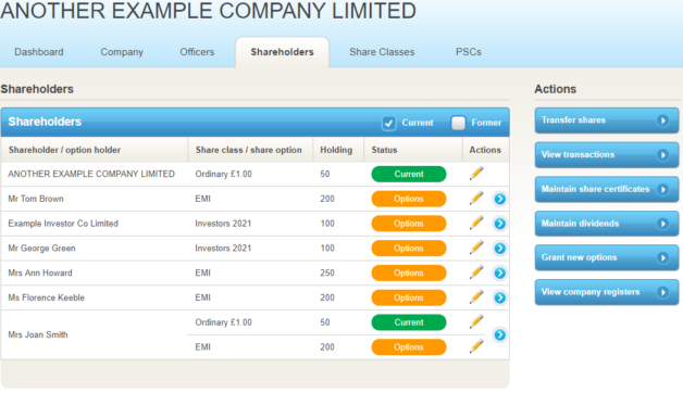 Shareholders screen with share options