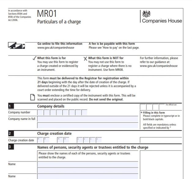 Companies House form for registering a charge