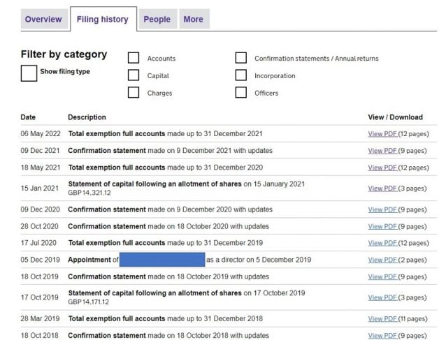 A company's filing history at Companies House