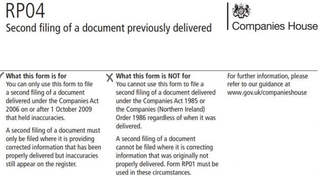 Second filing RP04 companies house