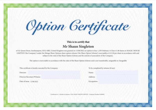 Share option certificate