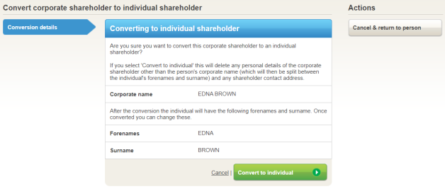 Convert corporate shareholder to individual shareholder