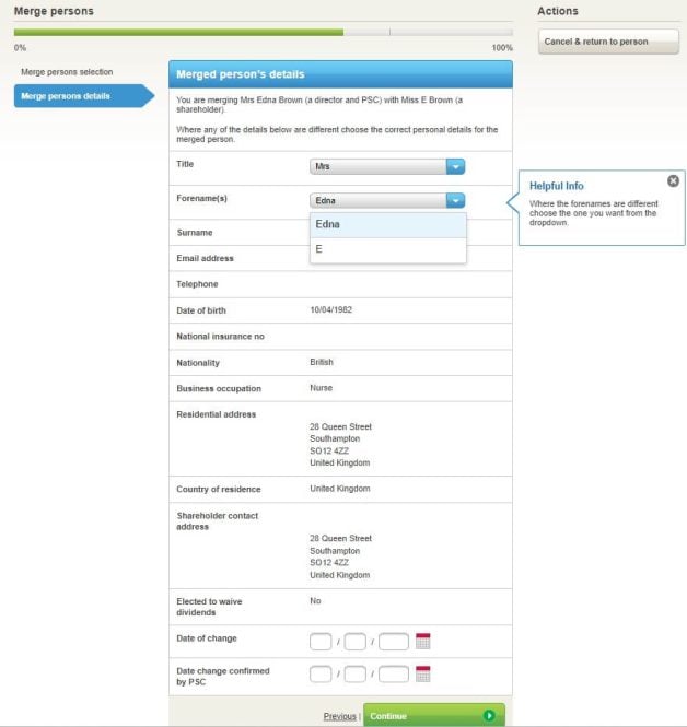 Merge persons details screen