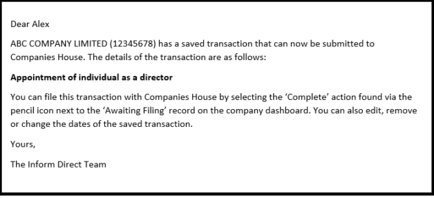 Email to advise filing can be submitted