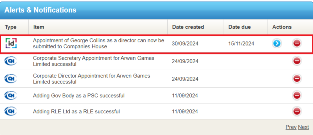 Dashboard notification when process ready to file