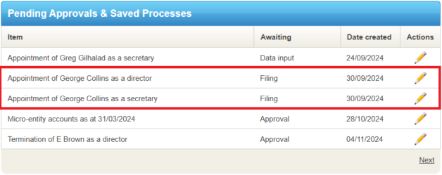 Saved process ready for filing