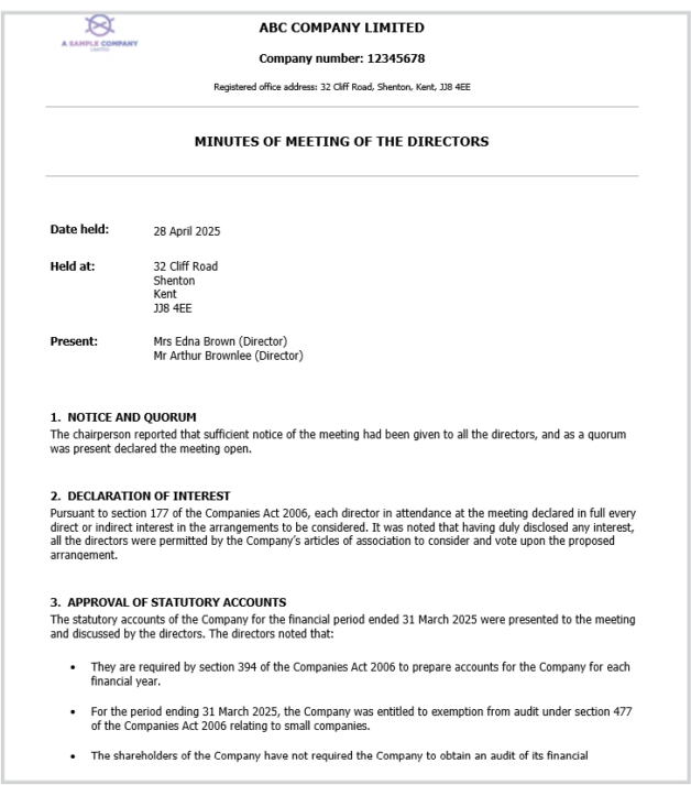 Preview of prepopulated board minutes to approve company accounts