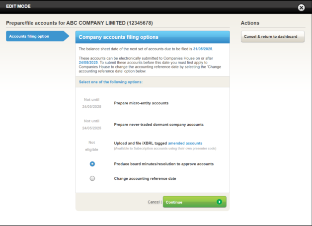 The Company Accounts Filing Options step has been enhanced
