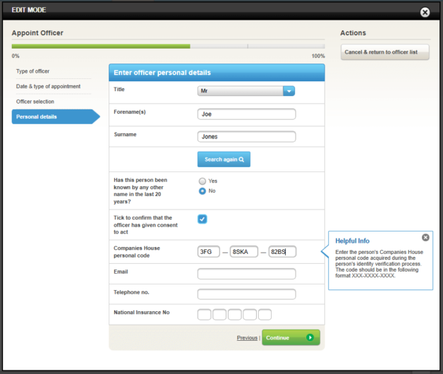 Companies House personal code in officer appointment